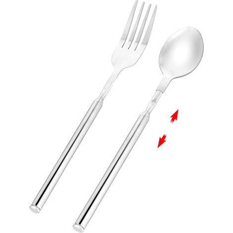 Couverts Télescopiques - Lot de 2 - Acier Inoxydable - Extension 64cm - Barbecue et Cuisine - Noir et Argent