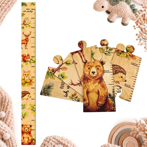 Relaxdays asta metrica bambini, legno, animali del bosco, scala 50-180 cm, da parete, puzzle, senza fori, naturale (1/5)