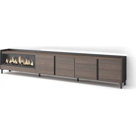 Skraut Home - Meuble TV, Banc Télé, Grand espace de Rangement, 315x35x61cm, Pour les TV jusqu'à 80", Cheminée électrique XXL, Design industriel, LED, Style moderne, Chêne foncé et Noir (1/5)