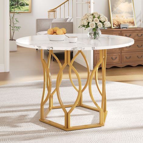 Mesa de comedor 100x100x76 cm blanco dorado en MDF y metal con patas regulables (1/5)