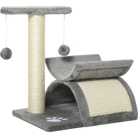 Light Grey Cat Tree with Plush Fabric, Sisal Scratching Post and Half Round Tunnel for Jumping, Sleeping, and Claw Care