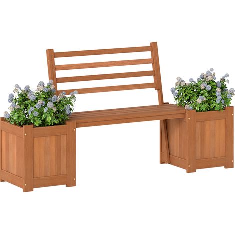 Bac de culture en bois avec banc et dossier 2-en-1, bac potager profond finition huile de teck pour jardin, terrasse et balcon (1/5)