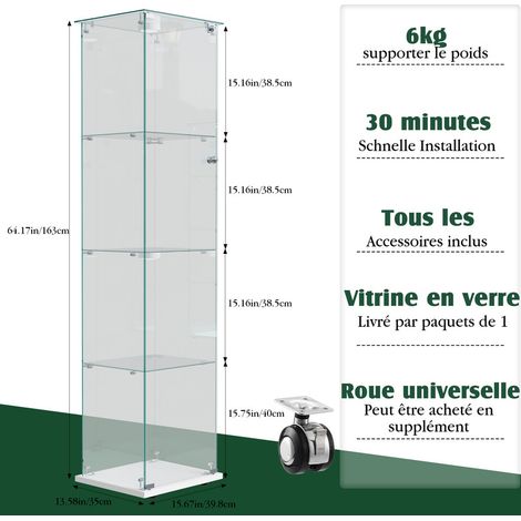 Vitrine en Verre Trempé 4 Étagères avec LED Réglable, Vitrine Armoire de Collection à Serrure, Vitrine Sur Pied Transparente 360°, 39.8x35x163cm, Noir