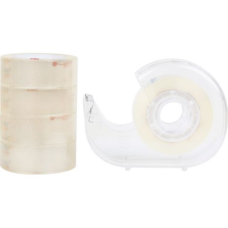 Cinta adhesiva transparente, precortada y resistente con dispensador — 5 rollos de 18 mm × 30 m