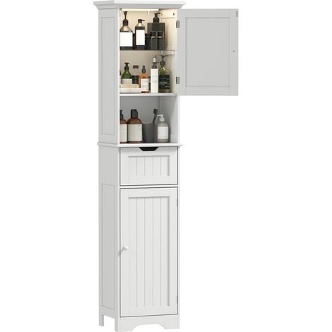 Meuble colonne salle de bain avec éclairage LED. meuble de rangement étroit. tiroir. 2 portes. 40 x 30 x 170 cm. blanc