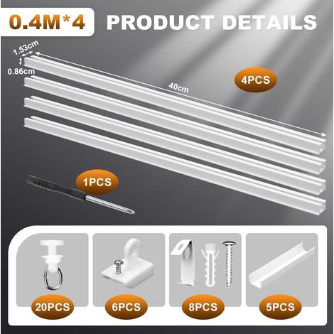 Rail de rideau autocollant pour plafond ou mur, 4 x 40 cm/160 cm, sans perçage/vis, tringle à rideau sans perçage pour camping-car, rideau de douche, armoire, séparateur de pièce