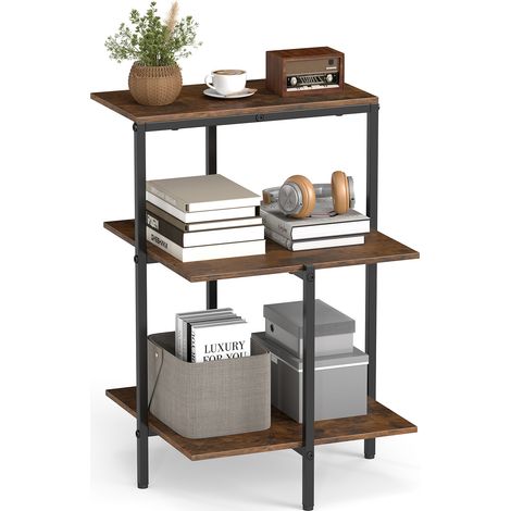Table d'appoint carrée marron rustique en bois et métal avec 3 niveaux de rangement ouvert et pieds réglables pour chambre et salon (1/5)