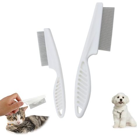 Lot de 2 peignes anti-puces pour chat et chien, peigne anti-poux, dents fines en acier inoxydable, élimine les puces, les poux et les poils morts, soin du pelage blanc (1/5)