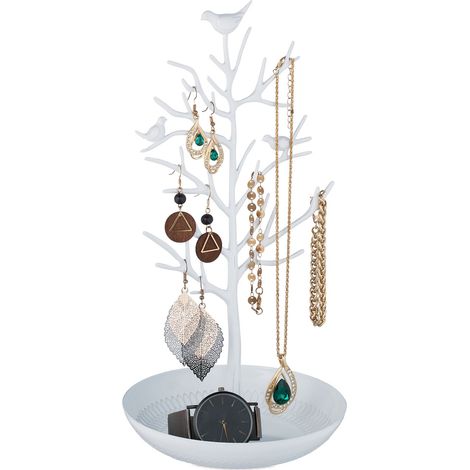Relaxdays Schmuckständer Baum, Schmuckaufbewahrung Ketten, Ohrringe & Armbänder, HxBxT 30x16x15 cm, Schmuckbaum, weiß