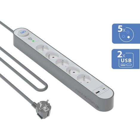 Parafoudre 5 prises 800j avec USB A+C 1,5m 100% Plastique recyclé Grise et Blanche - Garanti à vie Force Power Lite (1/4)
