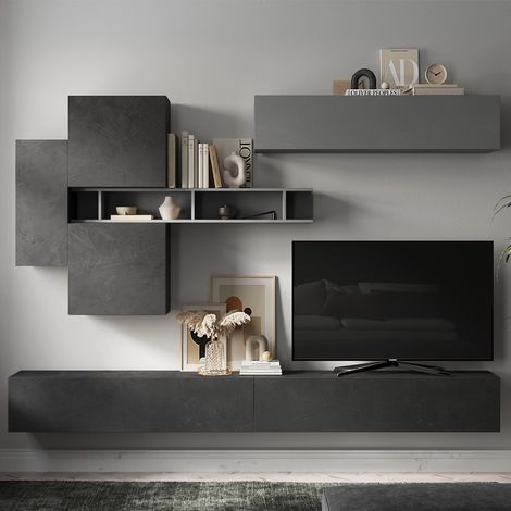 Moderne Hängende TV-Wand Infinity 44 mit Holzregal - Schwarz - Grau (1/2)