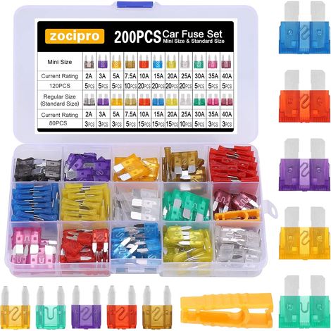 200Pcs Fusible Voiture Set, 120 Mini Fusibles Auto +80Moyenne Fusibles Automobile + 1 Extracteurs de fusibles - pour Voiture/RV/Camion/Moto (2A 3A 5A 7.5A 10A 15A 20A 25A 30A 35A 40A) (1/5)