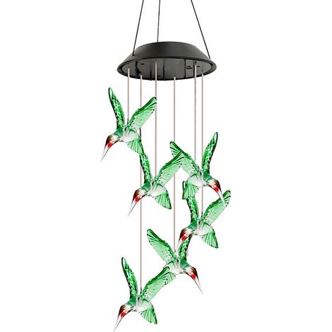 Carillon éolien solaire à oiseaux, lumière LED à changement de couleur, coque noire étanche, pour jardin ou balcon, petits oiseaux colorés (1/5)
