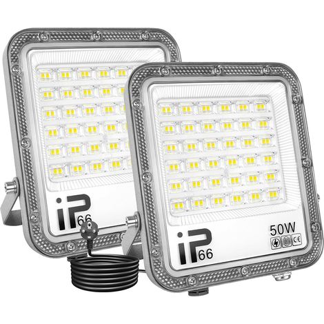 2pcs Projecteurs LED Extérieur Avec Prise EU, Spot LED 50W 5000LM Blanc Froid 6000K IP66 Etanche Eclairage Exterieur Lumière de Sécurité LED pour Jardin Patio Garage Terrasse Maison (1/5)