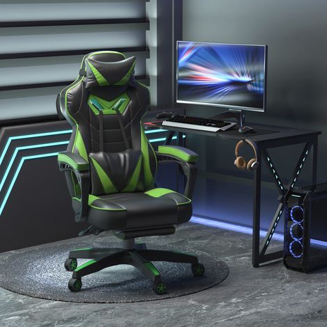 Siège de jeu ergonomique chaise de bureau réglable en altitude dossier inclinable avec Reposapiés Reposacabezas Cojín lombaire Ruedas 65x70x118,5-128,5 cm vert (1/5)