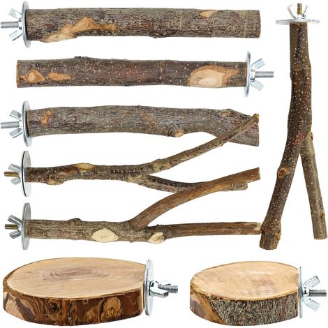Ensemble de 8 perchoirs pour oiseaux - Bois de pommier et bois dur - Plateformes et branches - Pour perruches, calopsittes et inséparables (1/5)