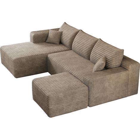 CHICFURN Canapé d'angle 241 cm en tissu velours côtelé camel, assise profonde confortable, style moderne minimaliste, sans montage, idéal pour le salon (1/5)