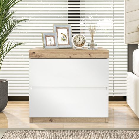Commode de chevet blanche et chêne avec 2 tiroirs en panneaux de particules E1 (1/5)
