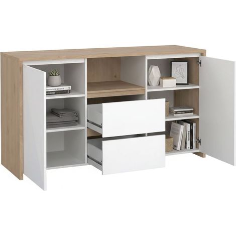Dmora - Aparador Alalngar, Bufé de salón, Aparador de salón, Despensa de cocina, 149x48 h84 cm, Roble y Blanco brillante