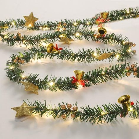 Weihnachtsdekoration, künstlicher Weihnachtskranz mit Glocken, Sternen, Beeren und LED-Lichtern für Türen, Treppen, Kamine, Girlanden, 2,7 m