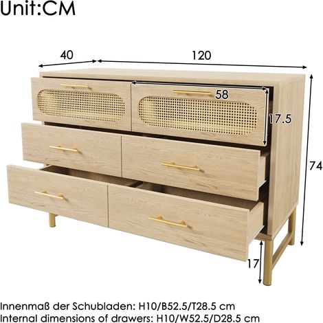 Commode en rotin 6 tiroirs, buffet et coiffeuse pour salon ou chambre, poignées en métal, sécurisé antirbasculement, dimensions 120x40x74 cm, finition chêne Sonoma