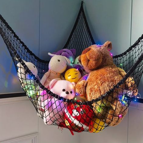 Hamac filet de rangement pour jouets et objets, avec guirlande lumineuse, organisateur suspendu salon, Composition : 180 × 120 × 120 cm, Couleur : noir (1/5)