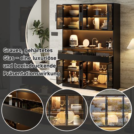 Vitrine 120x40x180 cm avec LED, 8 portes et 2 tiroirs, verre trempé gris, buffet moderne avec compartiment ouvert, coloris noir (1/5)