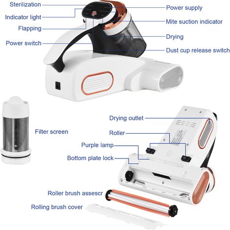 Aspirateur de lit et de matelas avec lumière violette, aspiration de 8,5 kPa, filtre HEPA, écran LED, nettoyeur portable sans fil, aspirateur anti-acariens, nettoie efficacement la literie, les canapé