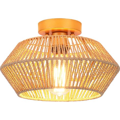 Plafonnier,En Rotin Tissé Luminaires Montage Au Plafond, Abat-Jour En Cage Boho Travaillé À La Main Naturel Finition Au Pinceau En Laiton Antique Pour Chambre À Coucher,Couloir, Lumière Chaude (1/5)