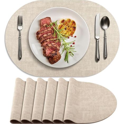 Lot de 6 sets de table ovales antidérapants en cuir résistant à la chaleur, double couche, imperméables, faciles à nettoyer, pour cuisine, salle à manger, café, bureau, beige