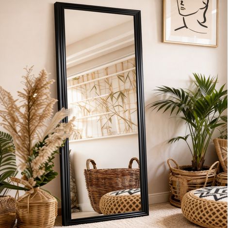 Miroir sur pied rectangulaire 160 x 50 cm avec support métal inclinable, cadre bois noir, rendu net, pour chambre, salon, boutique ou salon de coiffure  CHICFURN (1/5)