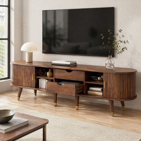 Mueble para TV (175x38x45 cm), puerta corredera de ratán, espacio de almacenamiento, MDF, color nogal (1/5)