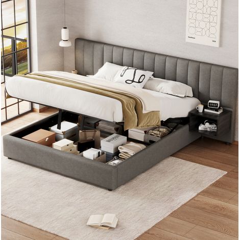 Bett 160x200 cm in Grau und Schwarz aus Leinen mit hydraulischem Stauraum und 2 Nachttischen (1/5)