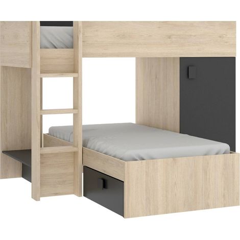 Dmora - Letto per bambini Marmolada, Cameretta completa con armadio e cassetti, Composizione letto a castello con due lettini singoli, 255x112h150 cm, Rovere e Antracite, con imballo rinforzato (1/5)