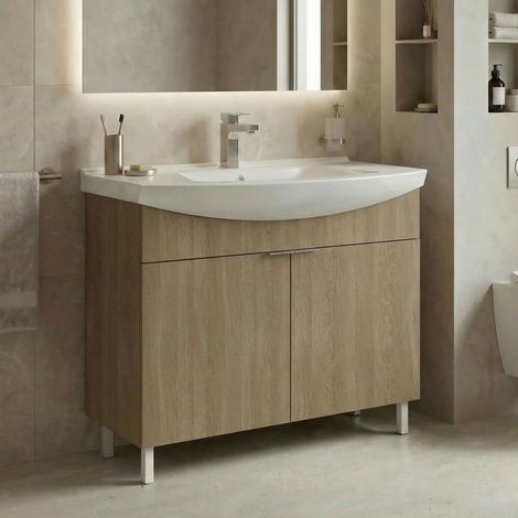 Meuble vasque salle de bains 100 cm décor chêne 2 portes UMI (1/3)
