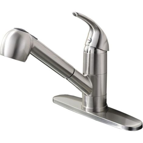 Robinet de cuisine en acier inoxydable nickelé - Robinet d'évier de cuisine à poignée unique extractible avec douchette - Robinet de cuisine bas à simple bec (1/4)