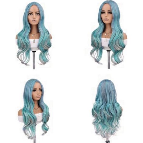 Perruque dégradée vert foncé et gris - Perruque ondulée mi-longue pour femme - Perruque - Postiche - Lavable - Bleue - 70 cm