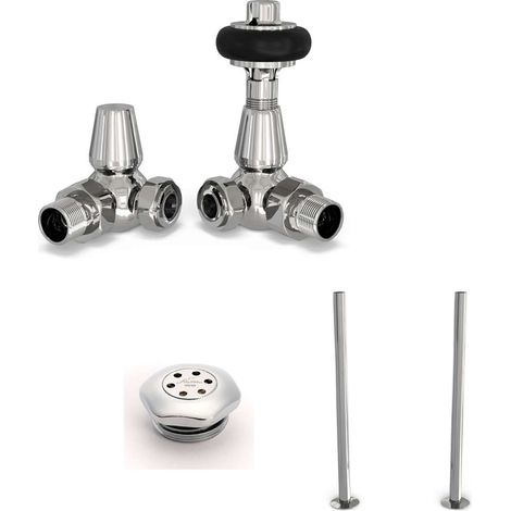 Signature Wooden Head - Chrome Thermostatic Radiator Valve & Installation Kit Corner 15mm (130mm version) (1/3)