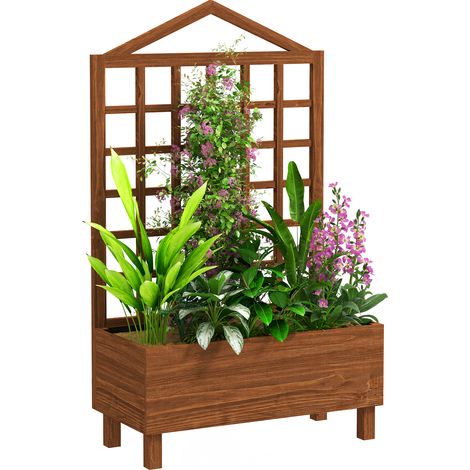 Wooden Raised Garden Planters with Trellis for Climbing Plants,90x43x150cm,Rustic Design,Brown Finish