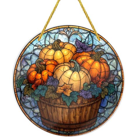 Panier de récolte d'automne avec citrouilles et feuilles, sculptures (1/5)