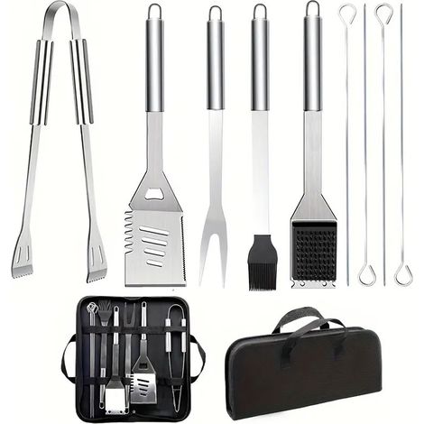 Juego de 9 utensilios de acero inoxidable para barbacoa con bolsa de transporte, pala, cepillo de alambre, pinzas y tenedor, accesorios para cocinar al aire libre y acampar. (1/3)