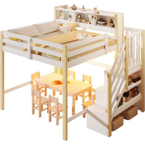 Lit mezzanine 140x200 cm avec LED, escalier de rangement, étagères ouvertes et barrière de sécurité, blanc et naturel, pour chambre d'enfant - CHICFURN (1/5)
