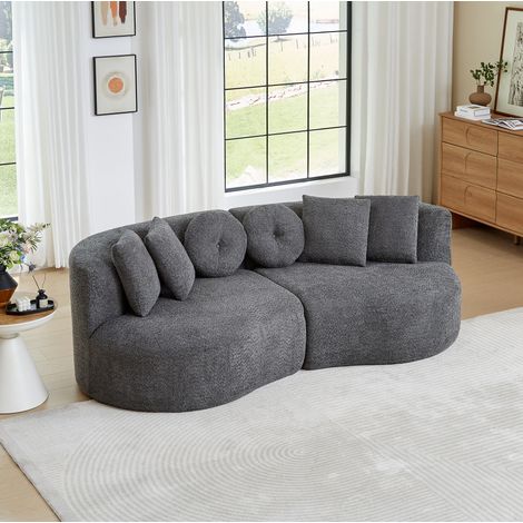 Canapé modulable 2 éléments courbés en chenille, sans accoudoirs, 6 coussins, dossier continu - gris (1/5)