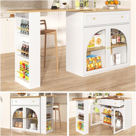 Table de bar extensible 138-204x39x104cm, îlot de cuisine blanc moderne avec rangements et étagères pivotantes (1/5)
