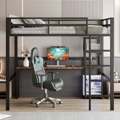 Cama altillo adulto de 140x200 cm con estantes, mesa y USB Type-C, de metal, sin colchón, negro (1/5)