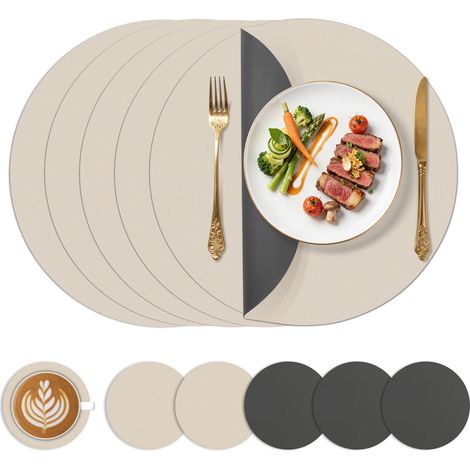 Sets de Table lavables Ø 38cm, Lot de 6 Dessous de Table et Dessous de Verre en Similicuir pour la Cuisine, la Salle à Manger et Le Bureau, Charcoal Grey + Beige (1/5)
