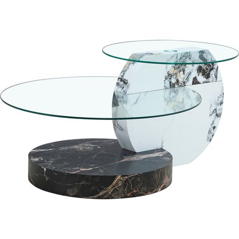 CHICFURN Table basse design italien à deux niveaux en verre de sécurité et MDF, effet marbre noir et blanc, pour salon moderne et minimaliste, élégante et stable (1/5)