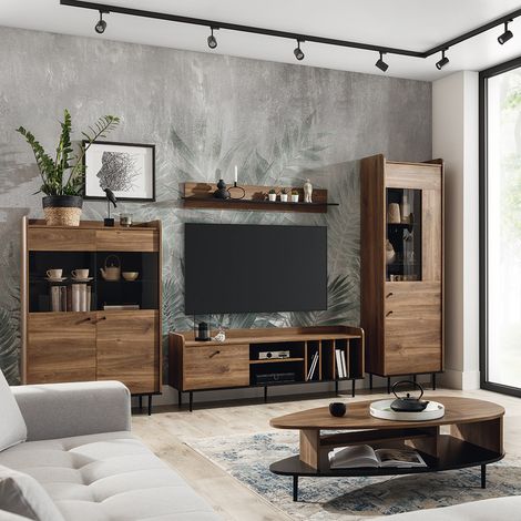 Wohnwand Eiche Nb. im Retro Design VAREDO-132 inkl. Couchtisch, B/H/T: ca. 330/200/40 cm (1/5)
