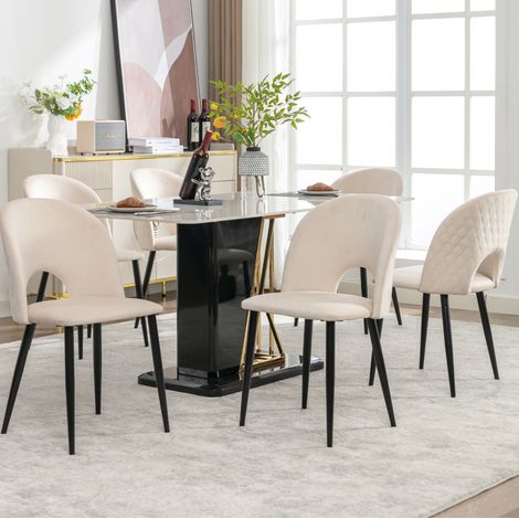Juego de 6 sillas de comedor de terciopelo con patas regulables, motivo de rombo, beige DESVIAE (1/5)