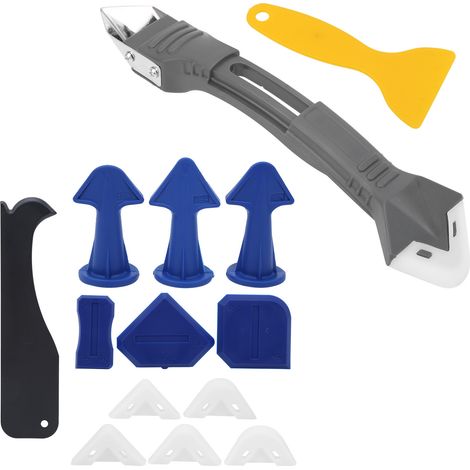 Kit d'outils de finition pour calfeutrage : grattoir à colle pour plastique et verre, kit de buses pour jointoiement et calfeutrage. (1/5)